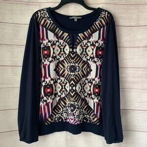 NY Collection Navy Blue Shirt Pattern Front Long Sleeve Size XL